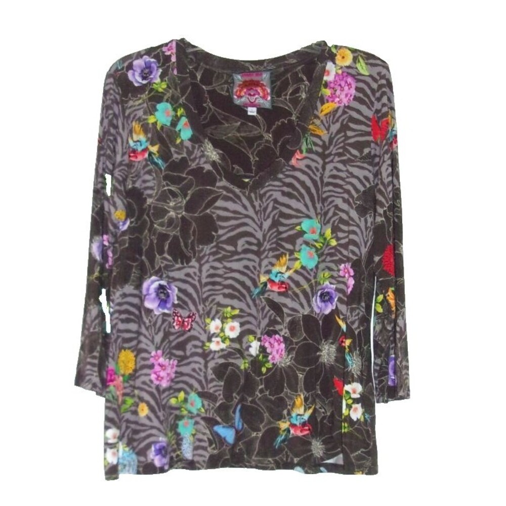 Johnny Was Top Gray Floral Butterflies Sz. L Bamboo Viscose Spandex 3/4 Sleeves